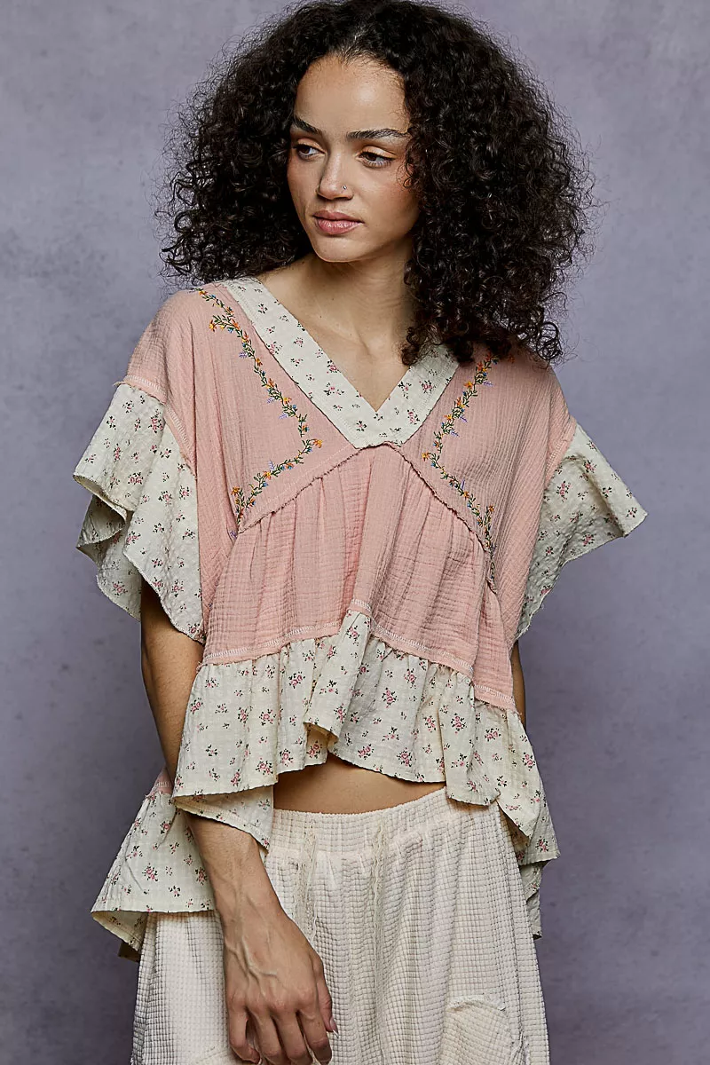 POL Floral V-Neck Short Sleeve Ruffled Double Gauze Blouse with Embroidery Detail - Image 2