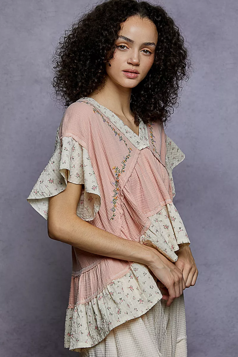 POL Floral V-Neck Short Sleeve Ruffled Double Gauze Blouse with Embroidery Detail - Image 3