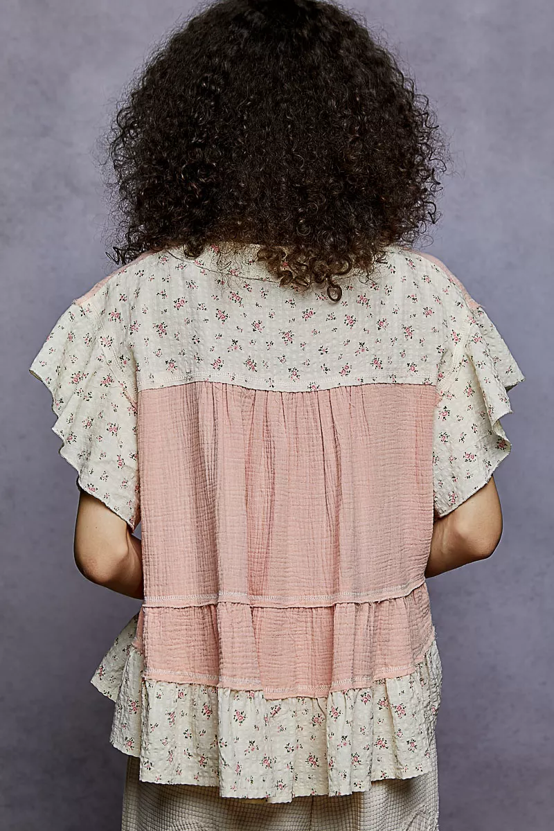 POL Floral V-Neck Short Sleeve Ruffled Double Gauze Blouse with Embroidery Detail - Image 4