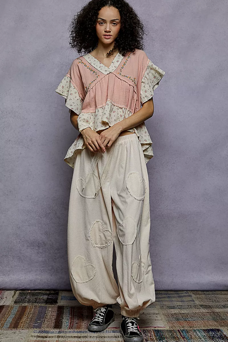 POL Floral V-Neck Short Sleeve Ruffled Double Gauze Blouse with Embroidery Detail - Image 5