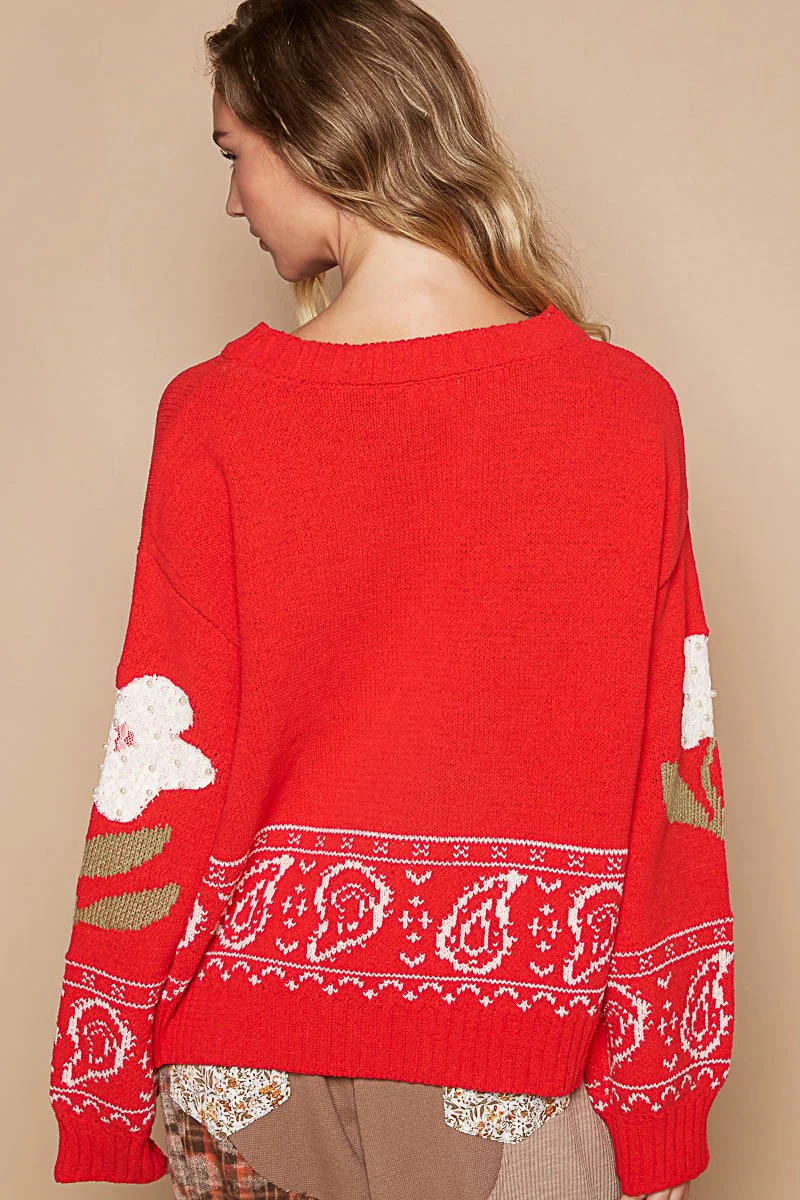 POL Flower Lace Patch Long Sleeve Sweater - Image 2