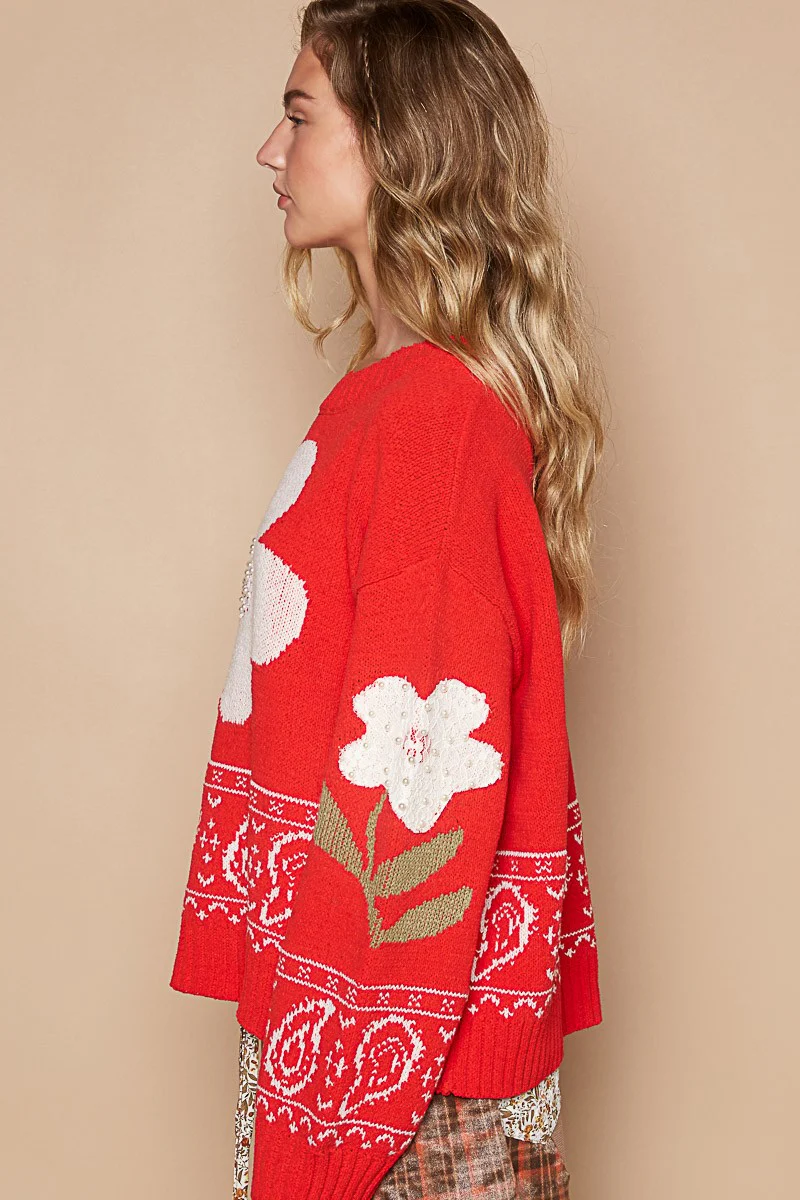 POL Flower Lace Patch Long Sleeve Sweater - Image 3