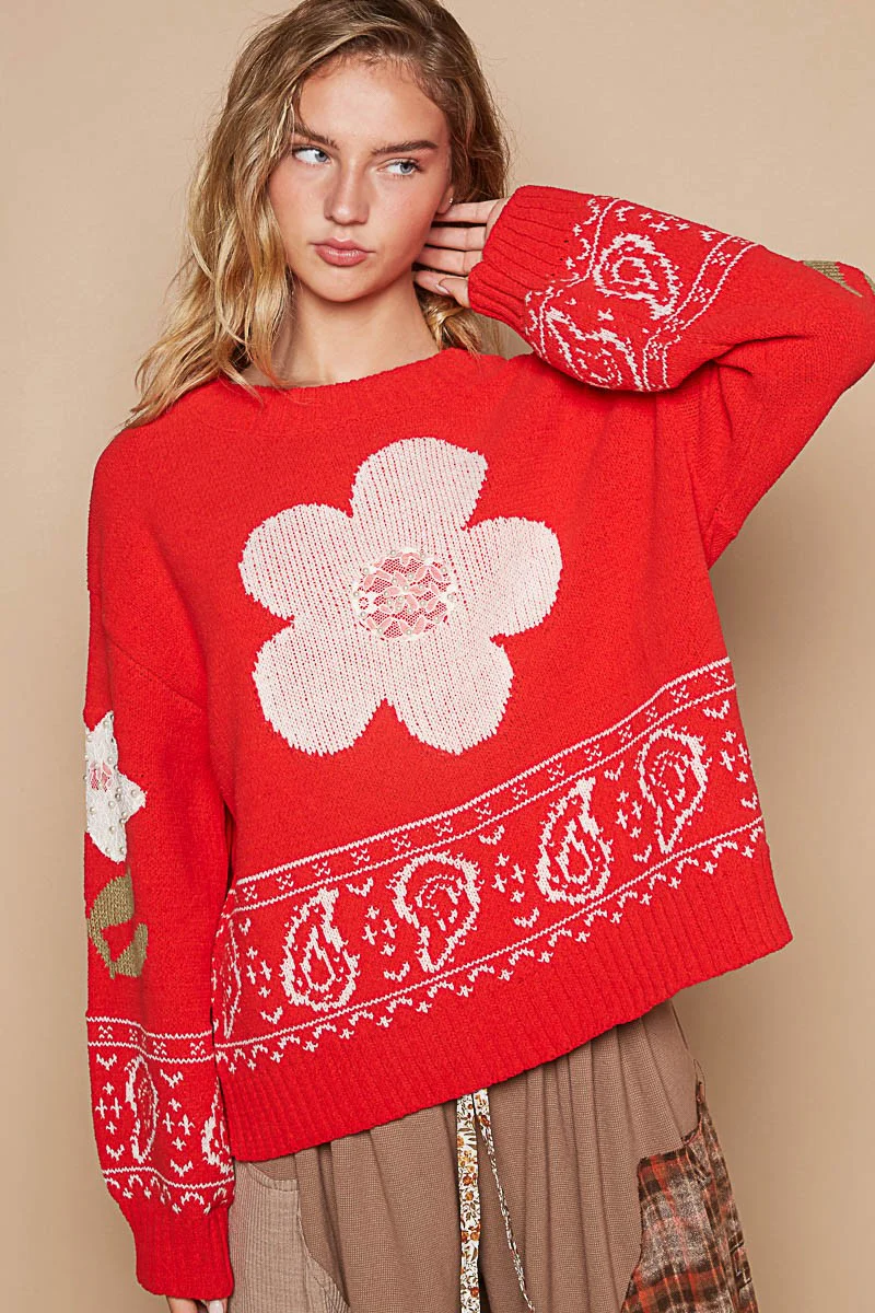 POL Flower Lace Patch Long Sleeve Sweater - Image 4