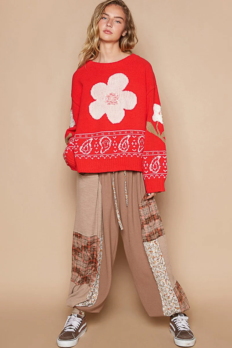 POL Flower Lace Patch Long Sleeve Sweater - Image 5