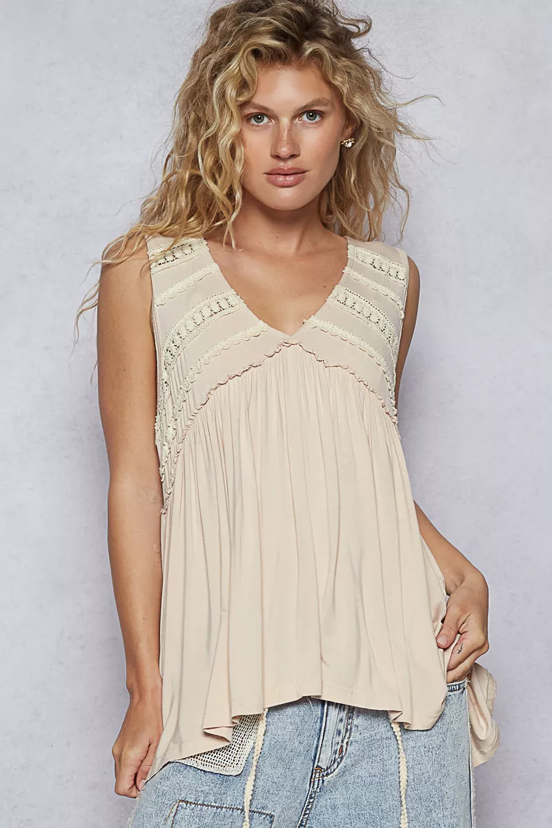 POL Lace Trim Babydoll Sleeveless Top with Ruffled and Raw Edge Detail - Image 2