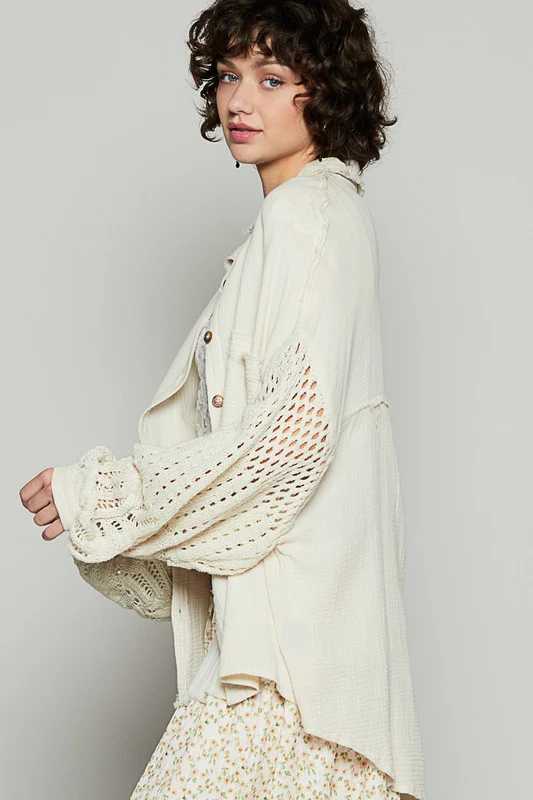 POL Openwork Lantern Sleeve Button Down Gauze Shirt - Image 2
