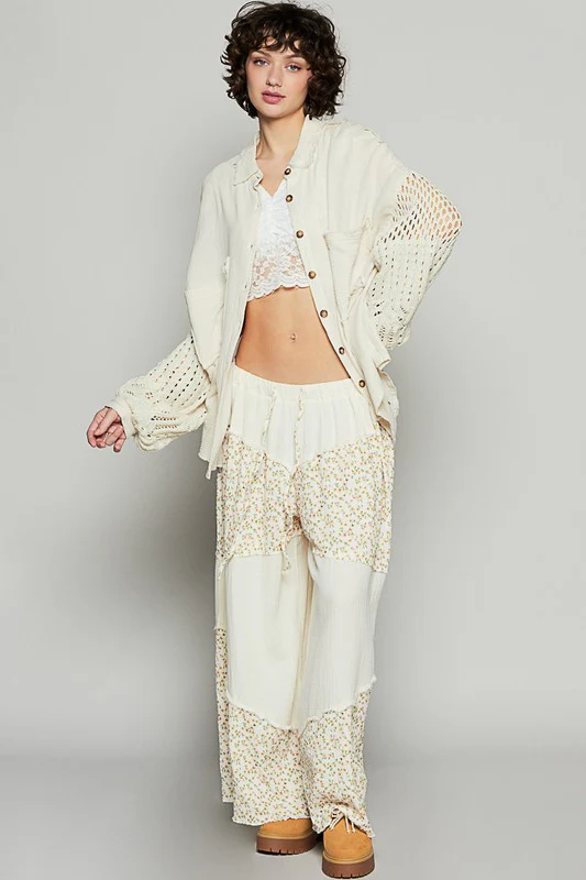 POL Openwork Lantern Sleeve Button Down Gauze Shirt - Image 3