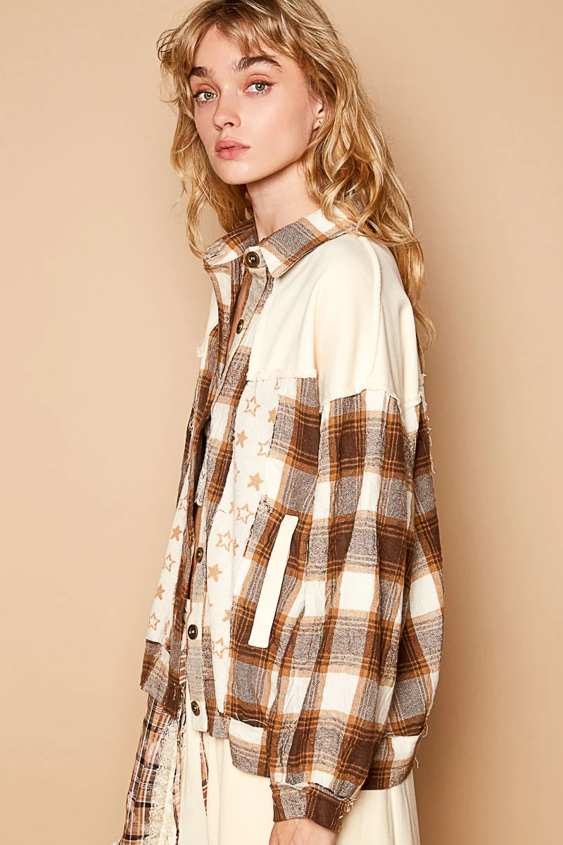 POL Plaid & Star Patchwork Contrast Long Sleeve Shacket - Image 3