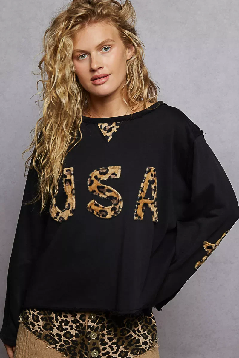 POL Round Neck Long Sleeve French Terry Sweatshirt with USA Letter Animal Patch - Image 2