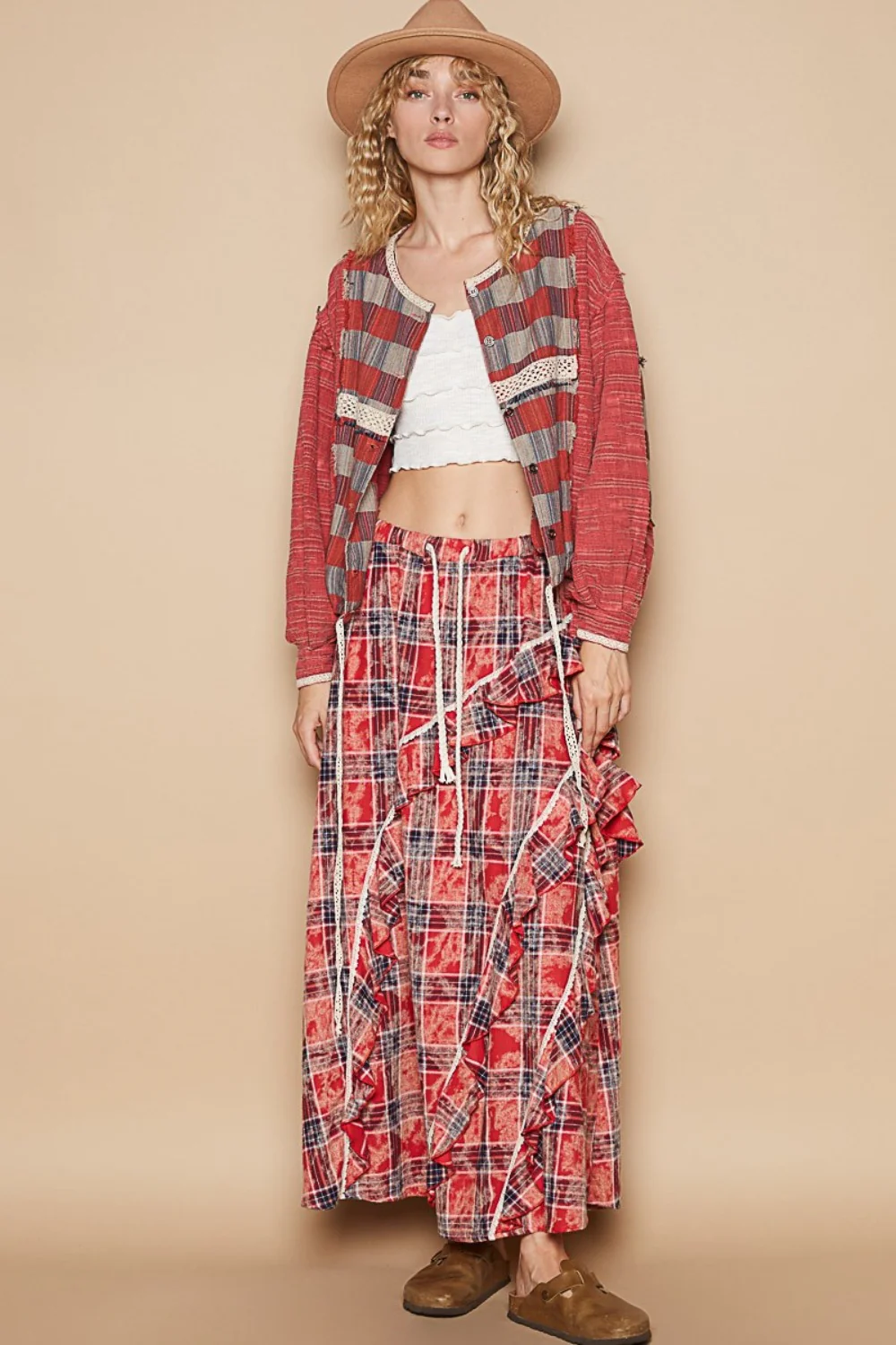POL Round Neck Long Sleeve Plaid Shirt - Image 5