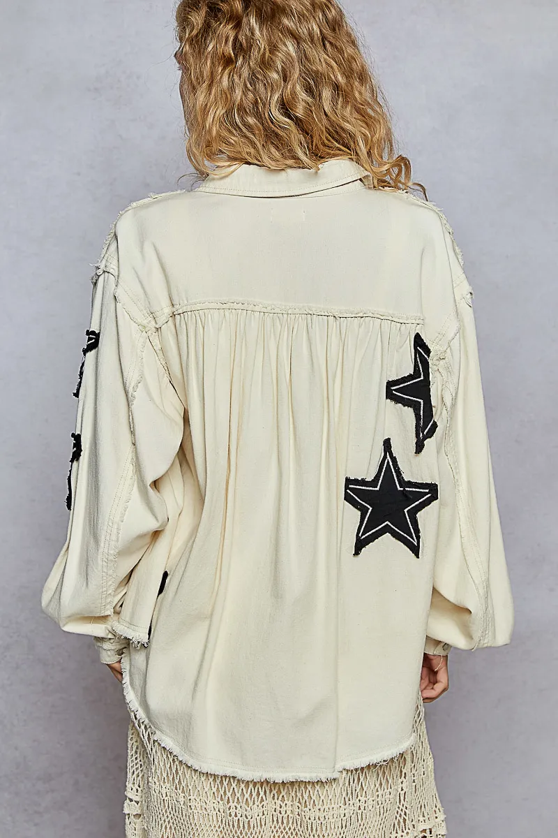 POL Star Patch Raw Hem Button Up Denim Jacket - Image 3