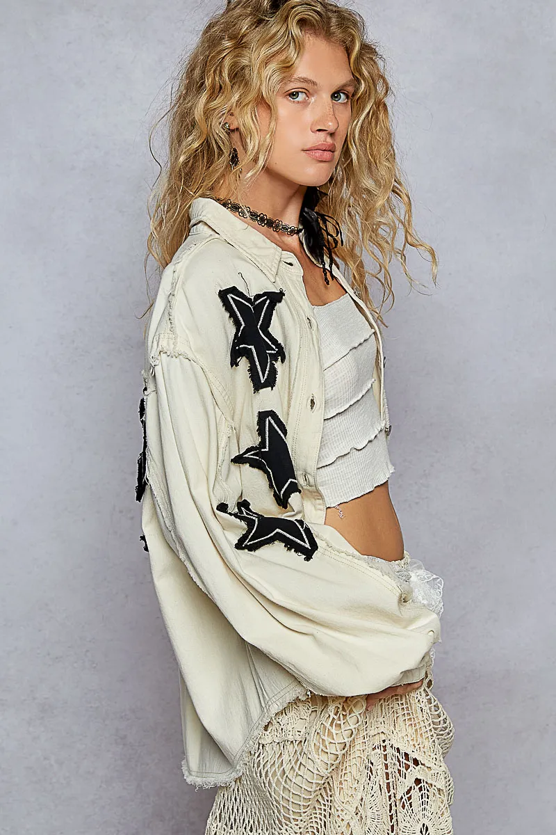 POL Star Patch Raw Hem Button Up Denim Jacket - Image 4