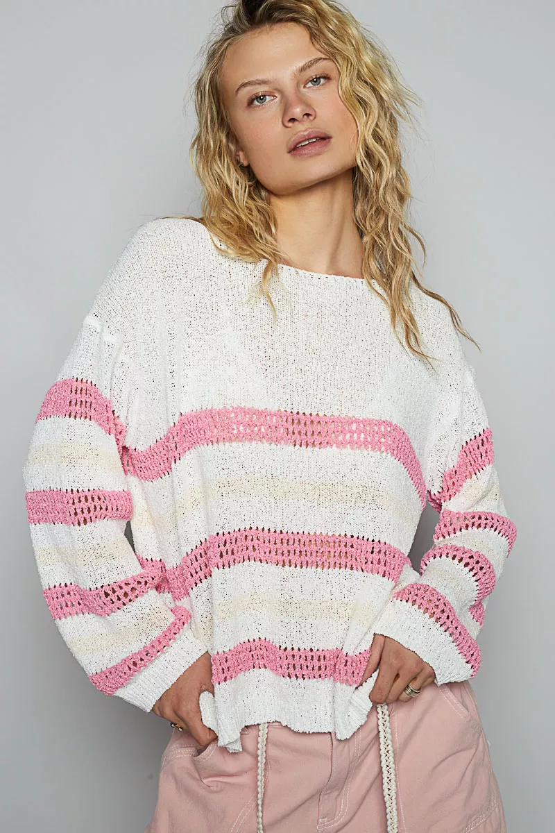 POL Striped Openwork Round Neck Knit Top - Image 2