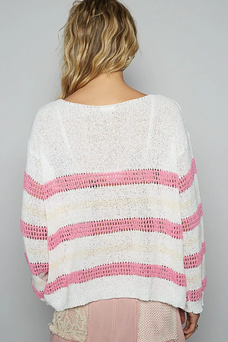 POL Striped Openwork Round Neck Knit Top - Image 4
