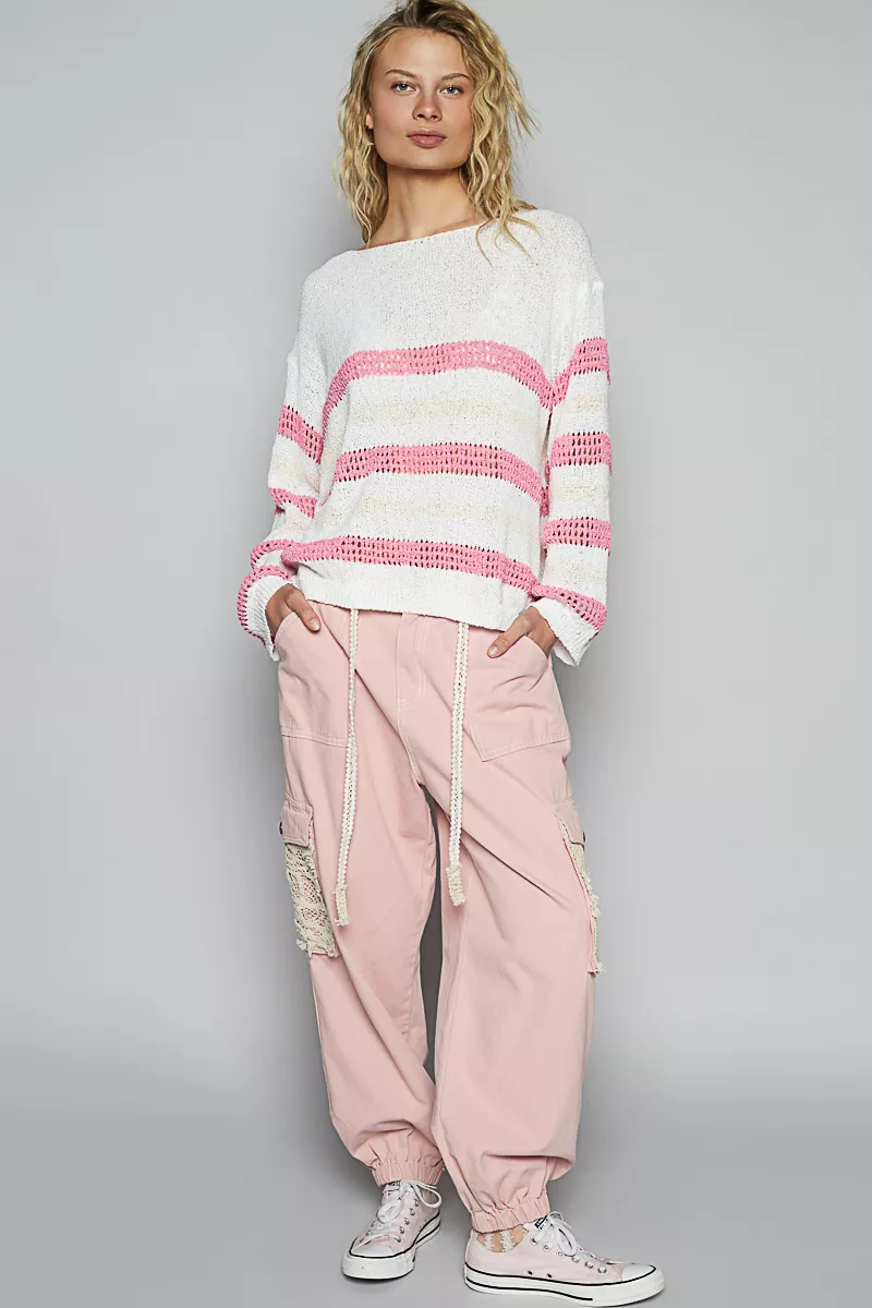 POL Striped Openwork Round Neck Knit Top - Image 5