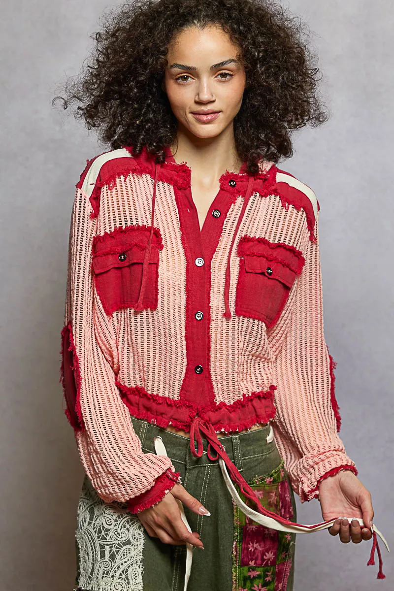 POL Texture Woven Button Down Hooded Shirt with Drawstring Hem - Image 2