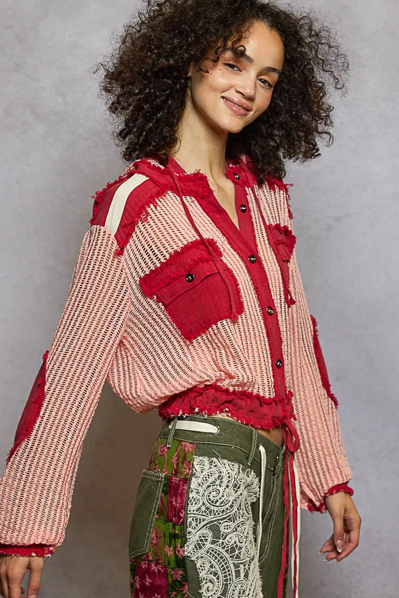 POL Texture Woven Button Down Hooded Shirt with Drawstring Hem - Image 3