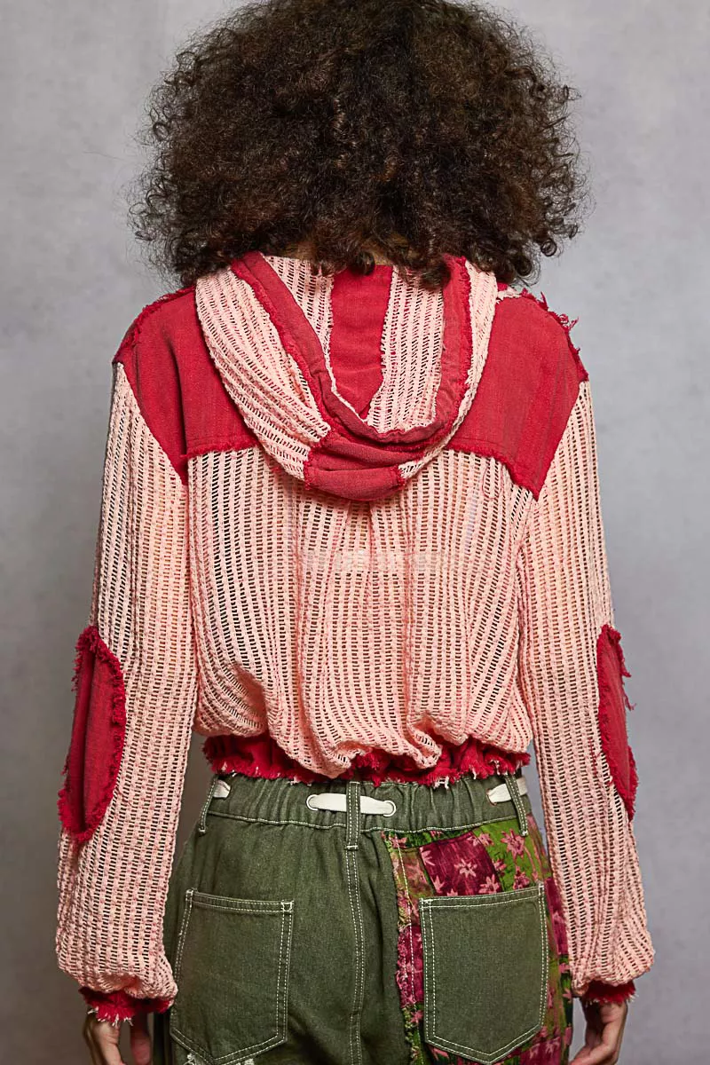 POL Texture Woven Button Down Hooded Shirt with Drawstring Hem - Image 4