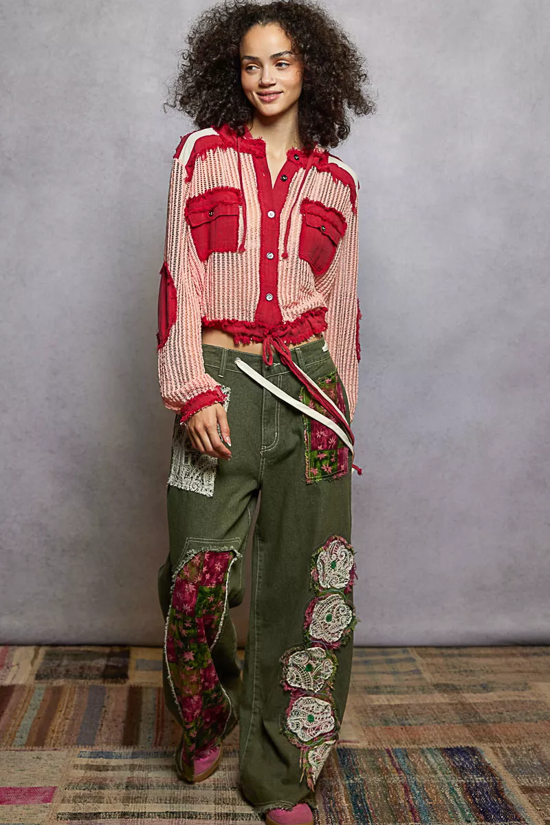 POL Texture Woven Button Down Hooded Shirt with Drawstring Hem - Image 5