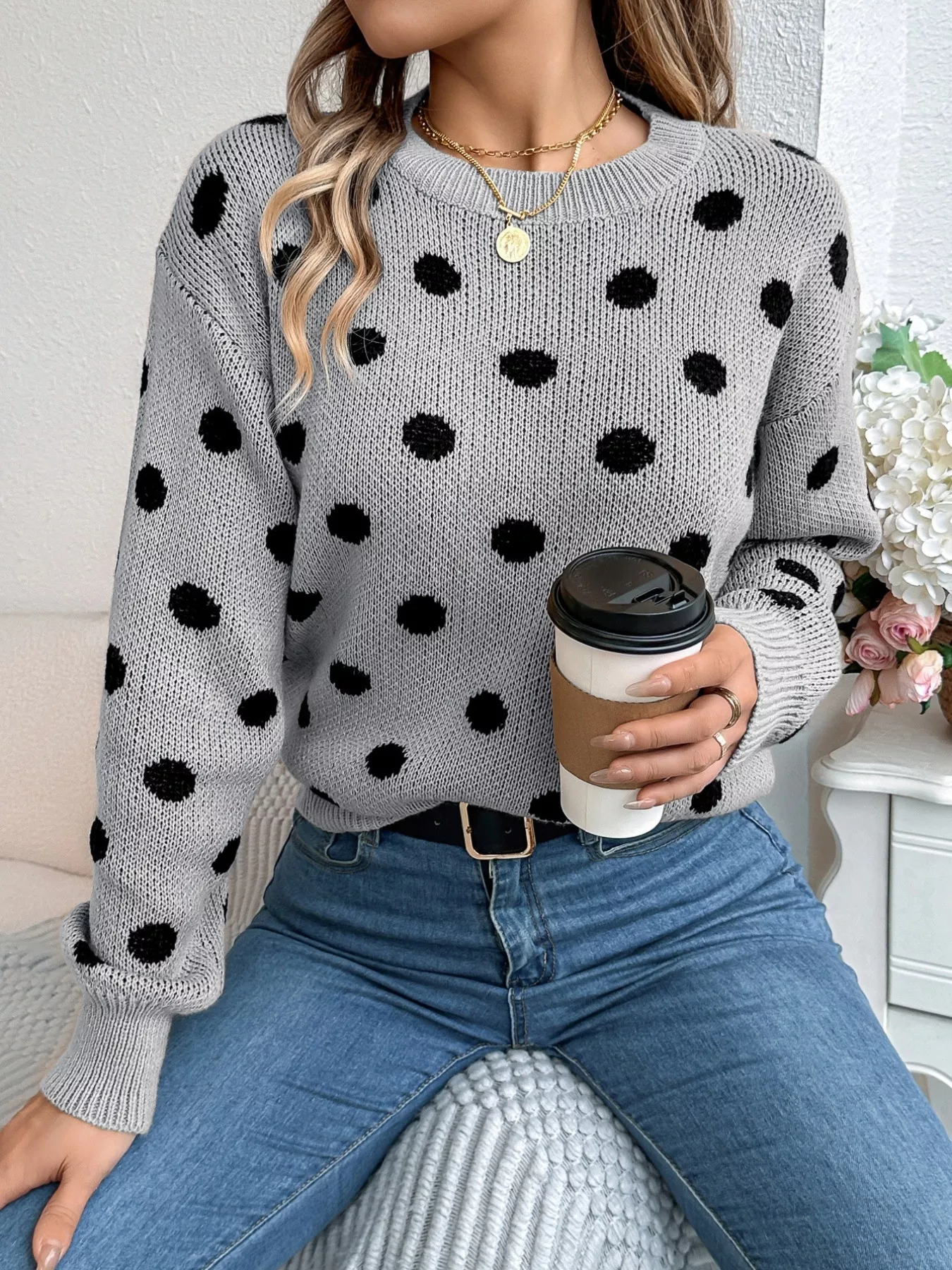 Polka Dot Round Neck Sweater - Image 14