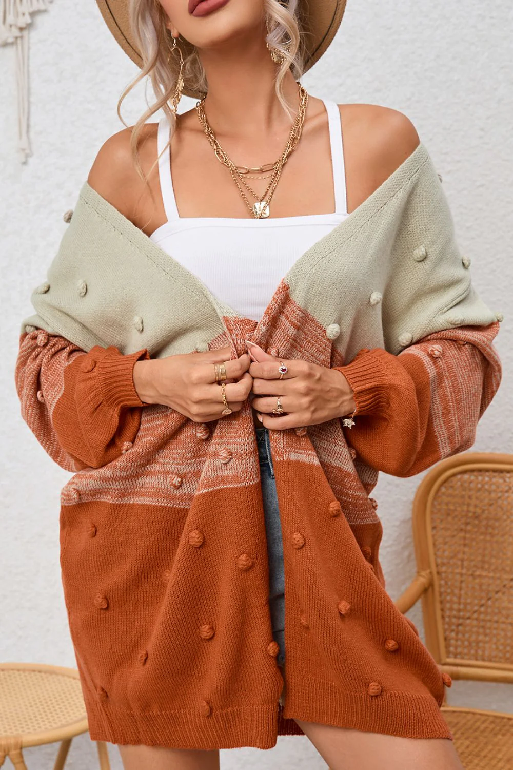 Pompom Color Block Open Front Cardigan - Image 2