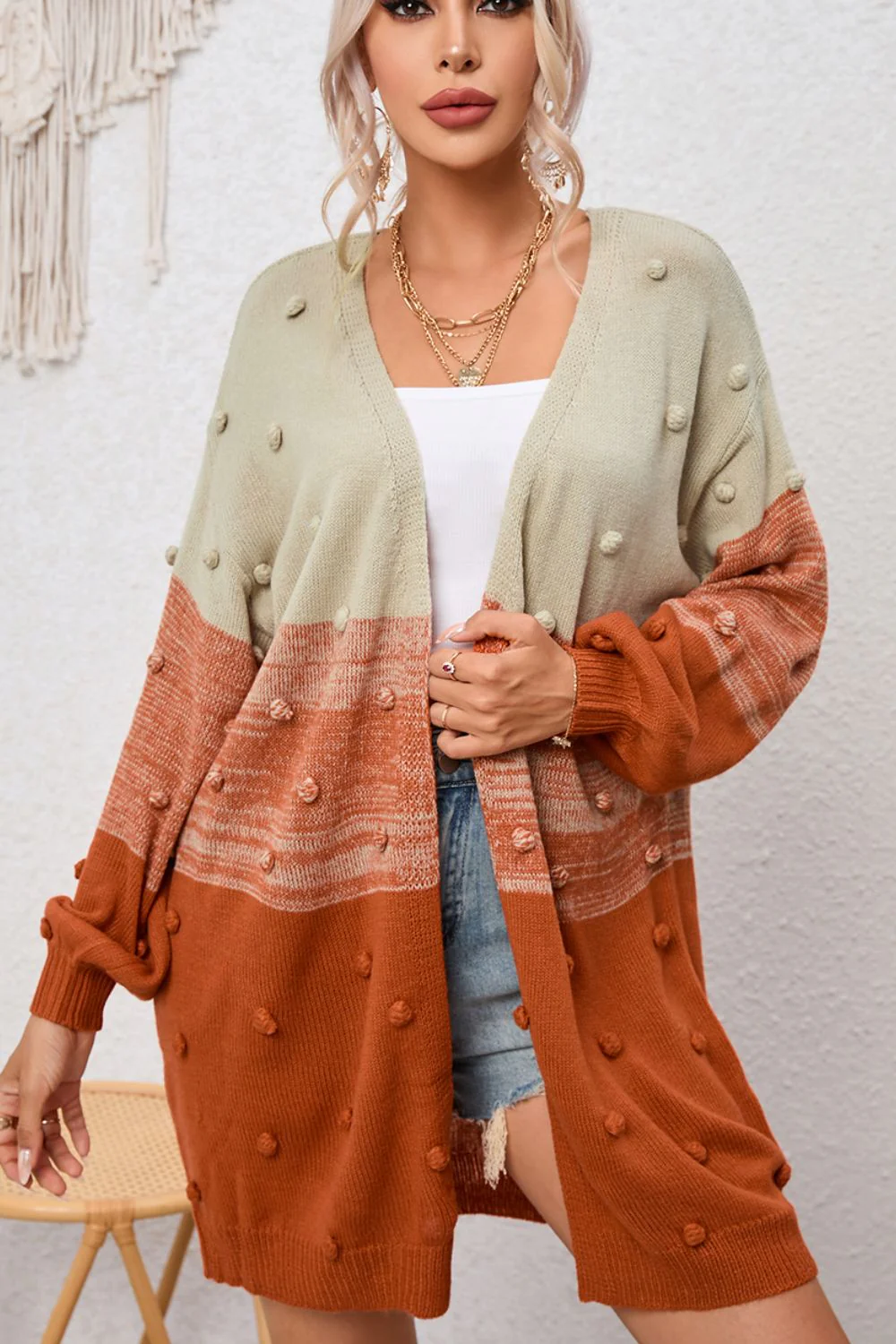 Pompom Color Block Open Front Cardigan - Image 4