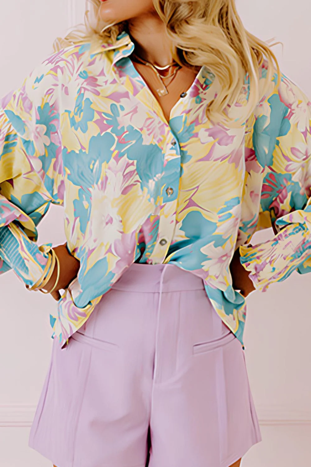 Printed Button Down Lantern Sleeve Shirt - Image 3