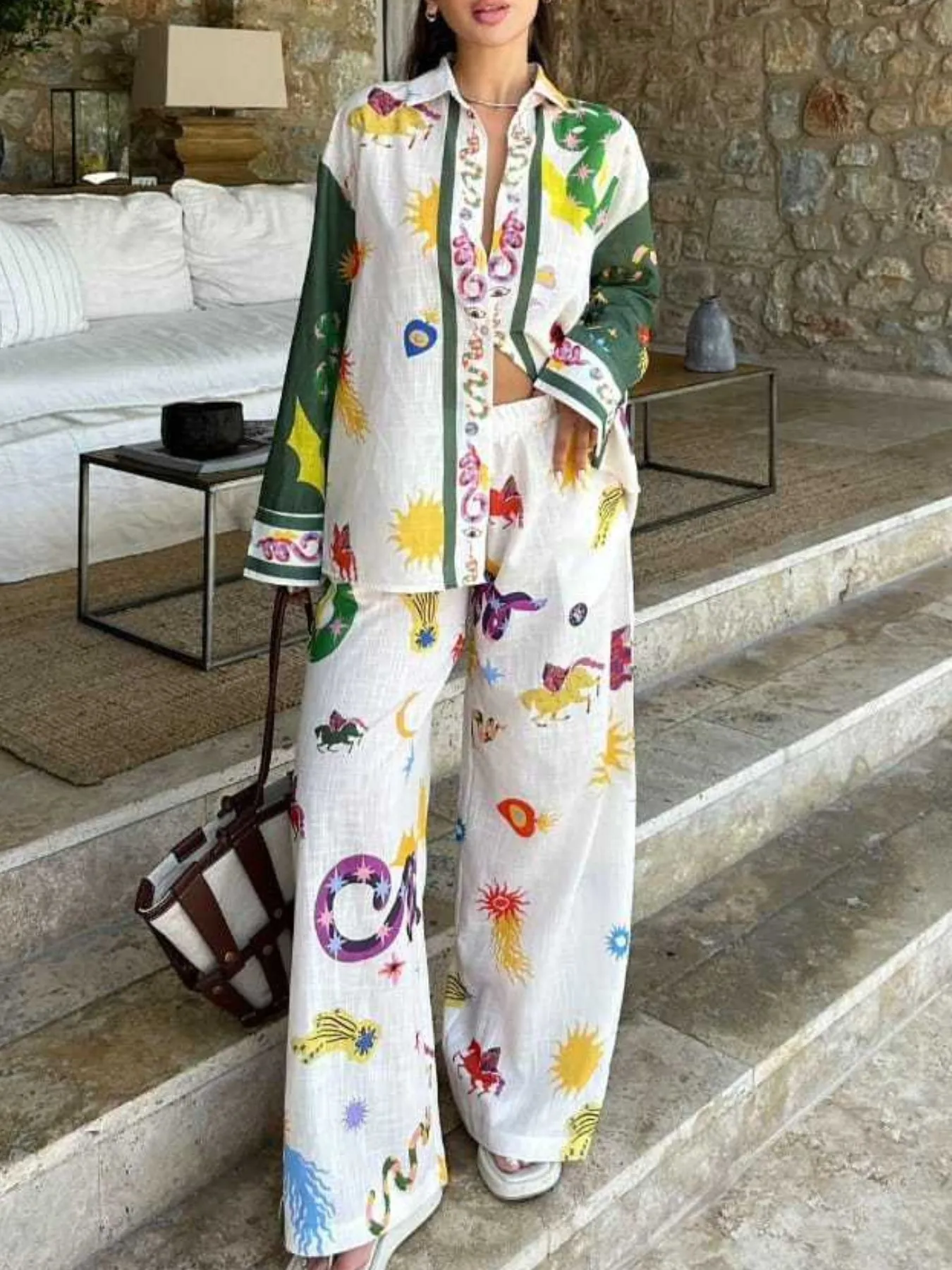Printed Button Down Shirt and Pants Set - Image 2