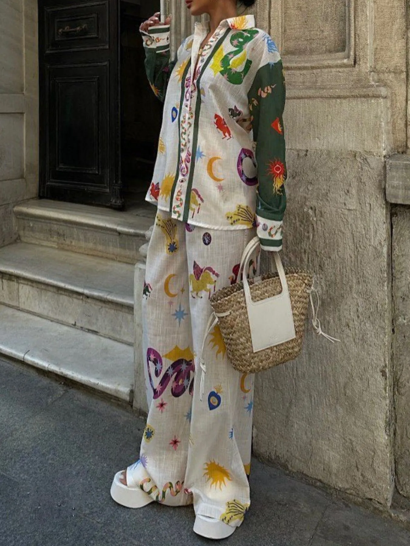 Printed Button Down Shirt and Pants Set - Image 3