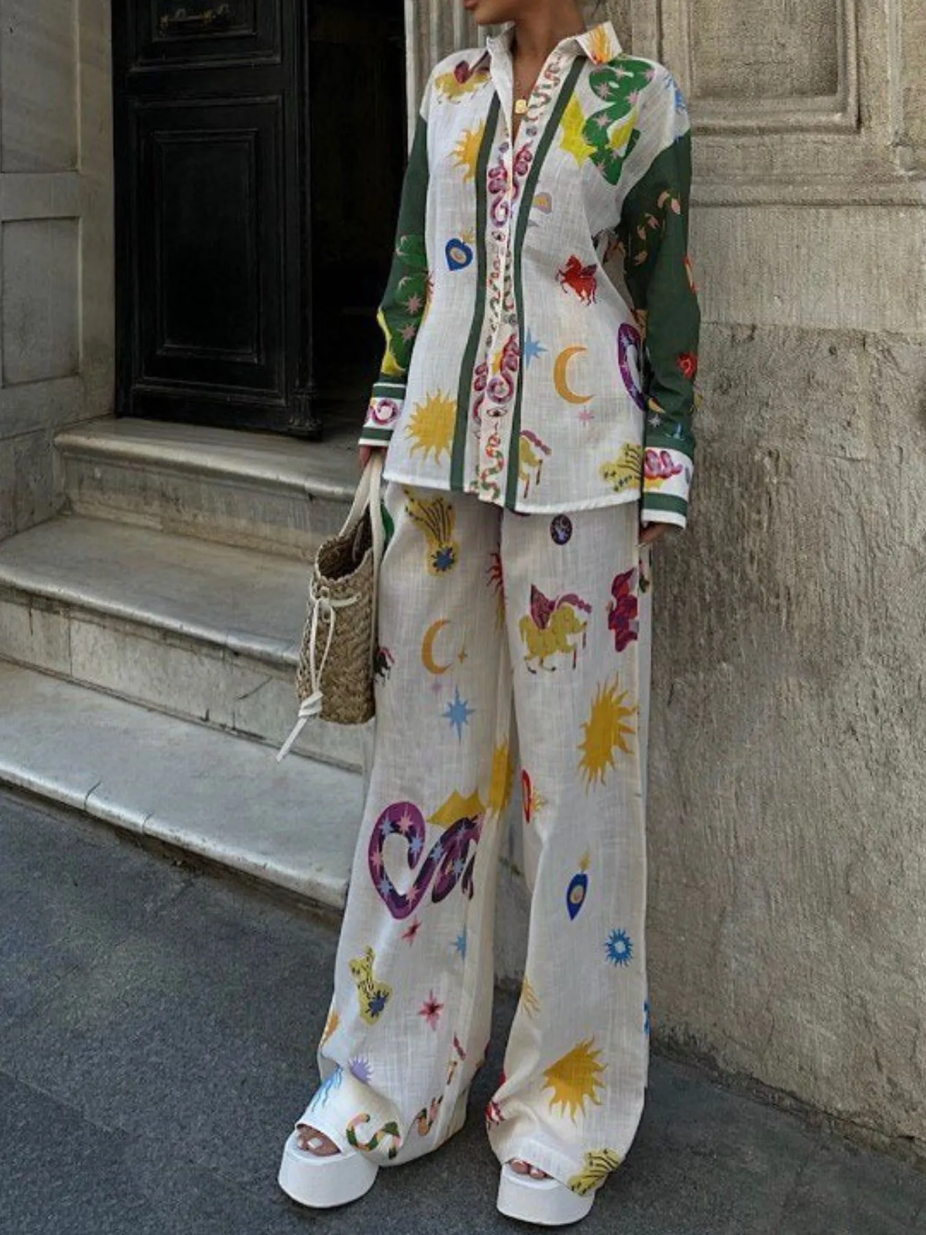 Printed Button Down Shirt and Pants Set - Image 4