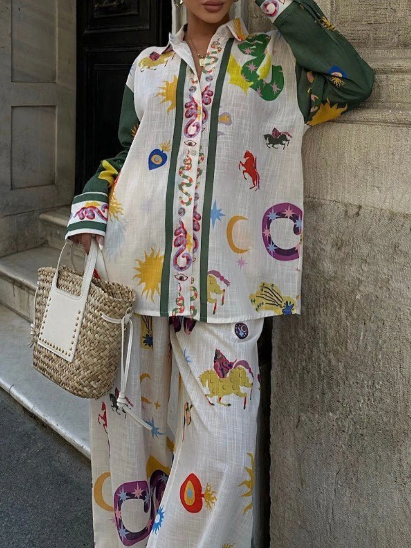 Printed Button Down Shirt and Pants Set - Image 5