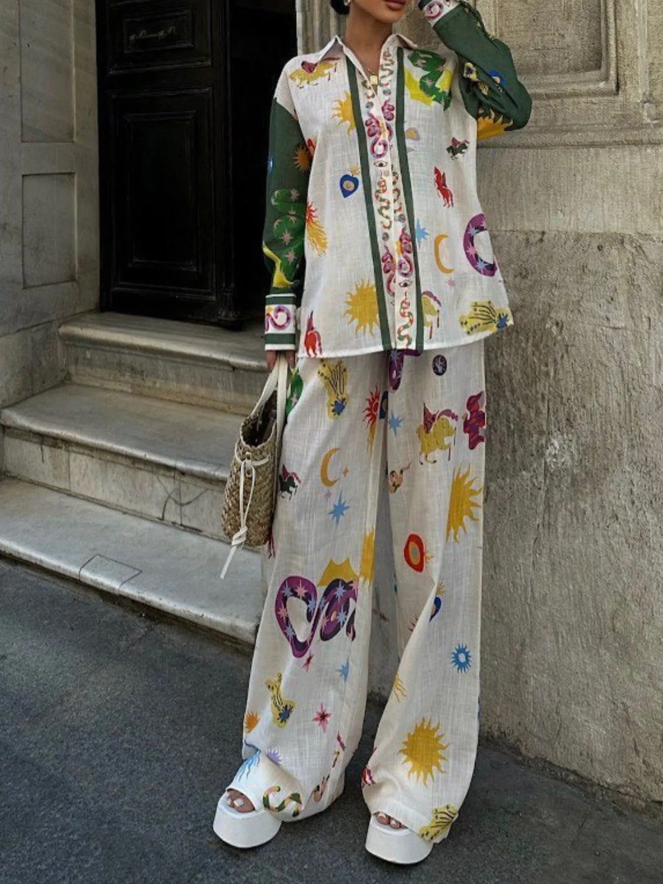 Printed Button Down Shirt and Pants Set - Image 6