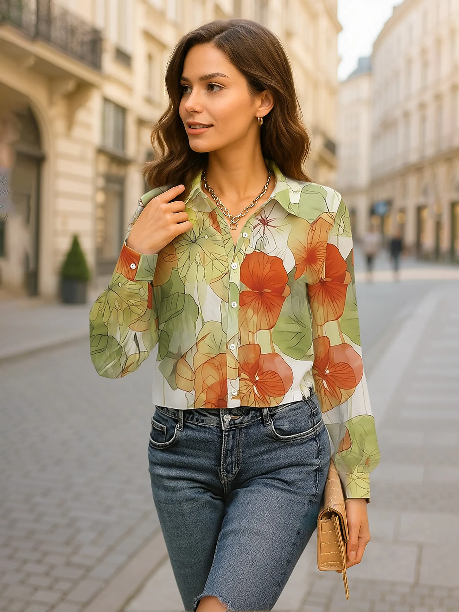 Printed Button Up Long Sleeve Shirt