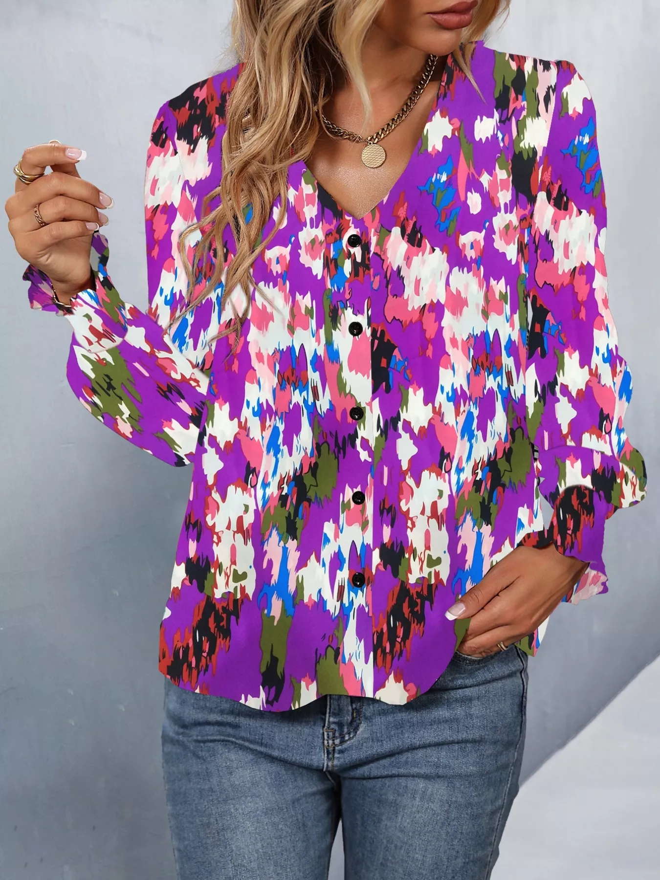Printed Button Up Long Sleeve Shirt - Image 4