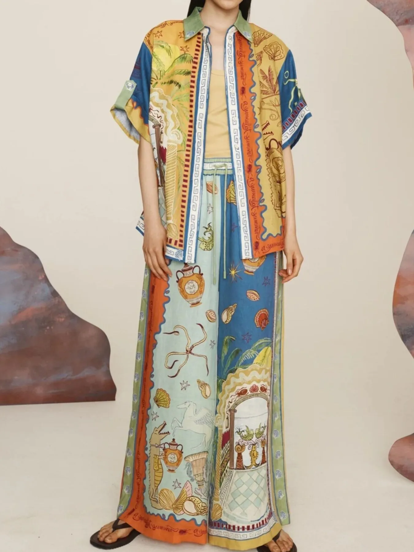 Printed Button Up Shirt and Pants Set - Image 5