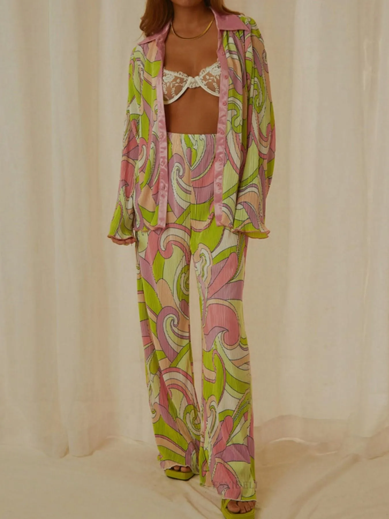Printed Button Up Shirt and Pants Set