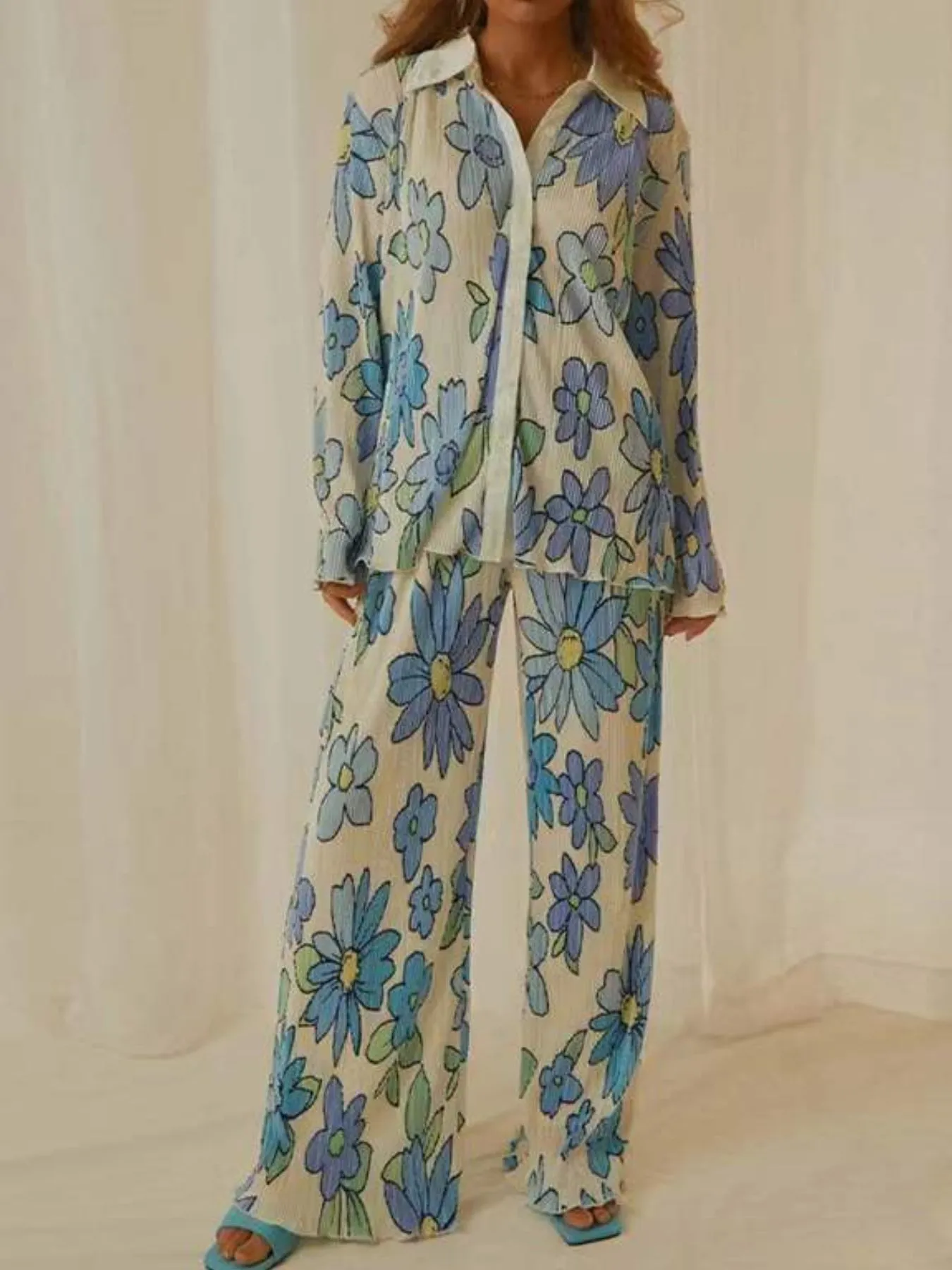 Printed Button Up Shirt and Pants Set - Image 15