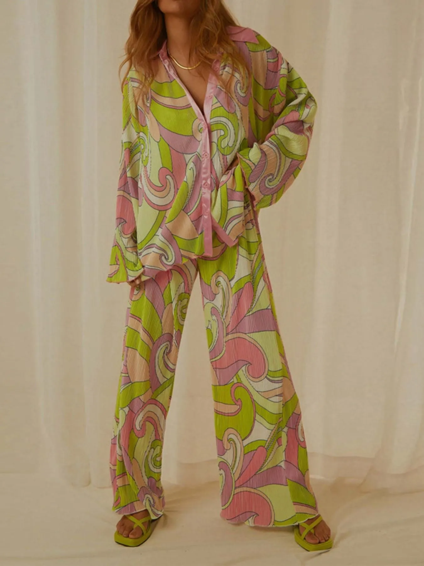 Printed Button Up Shirt and Pants Set - Image 2