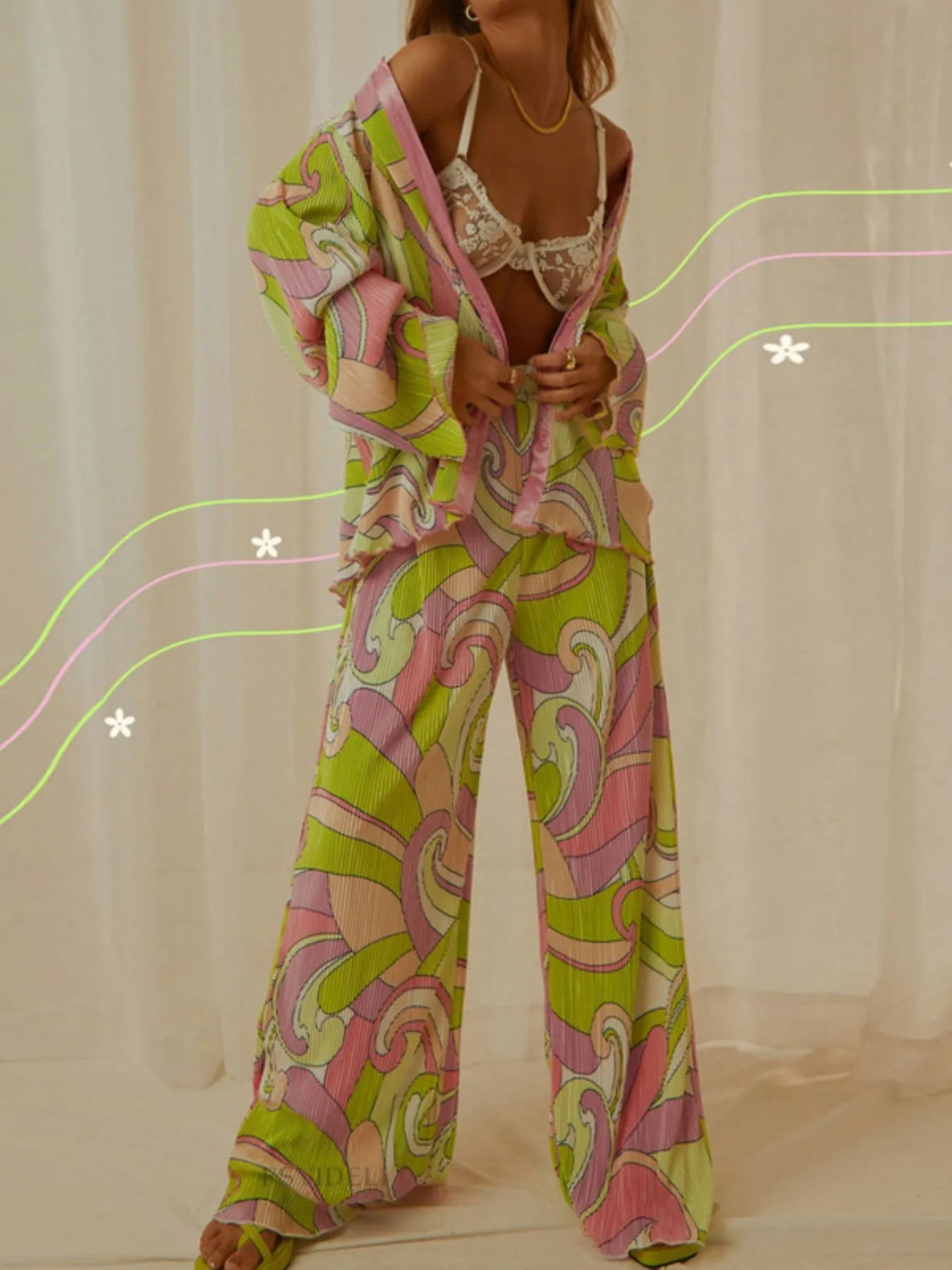 Printed Button Up Shirt and Pants Set - Image 3