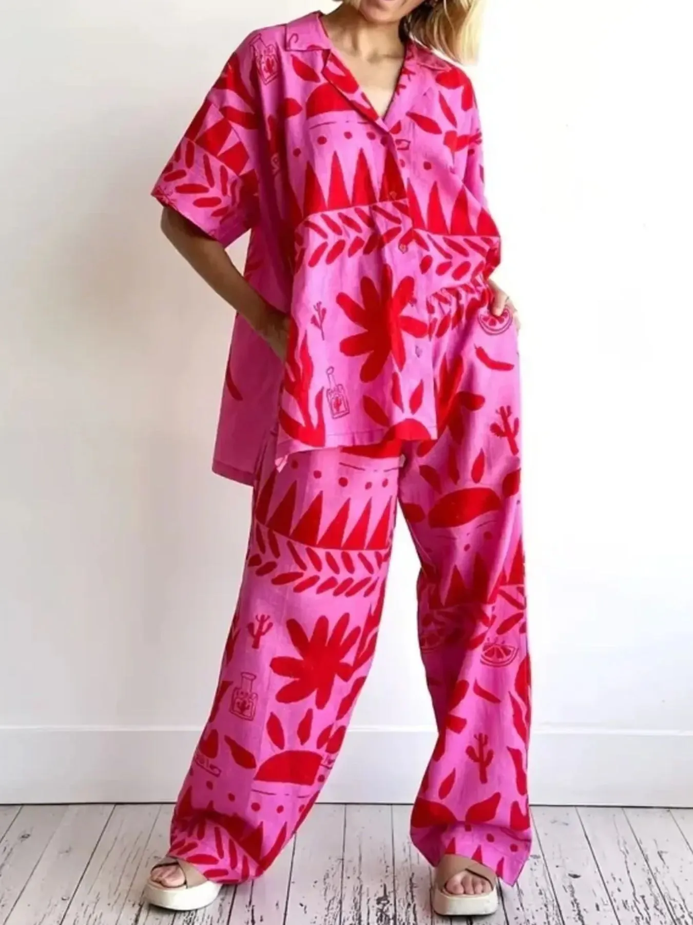 Printed Button Up Shirt and Pants Set - Image 2