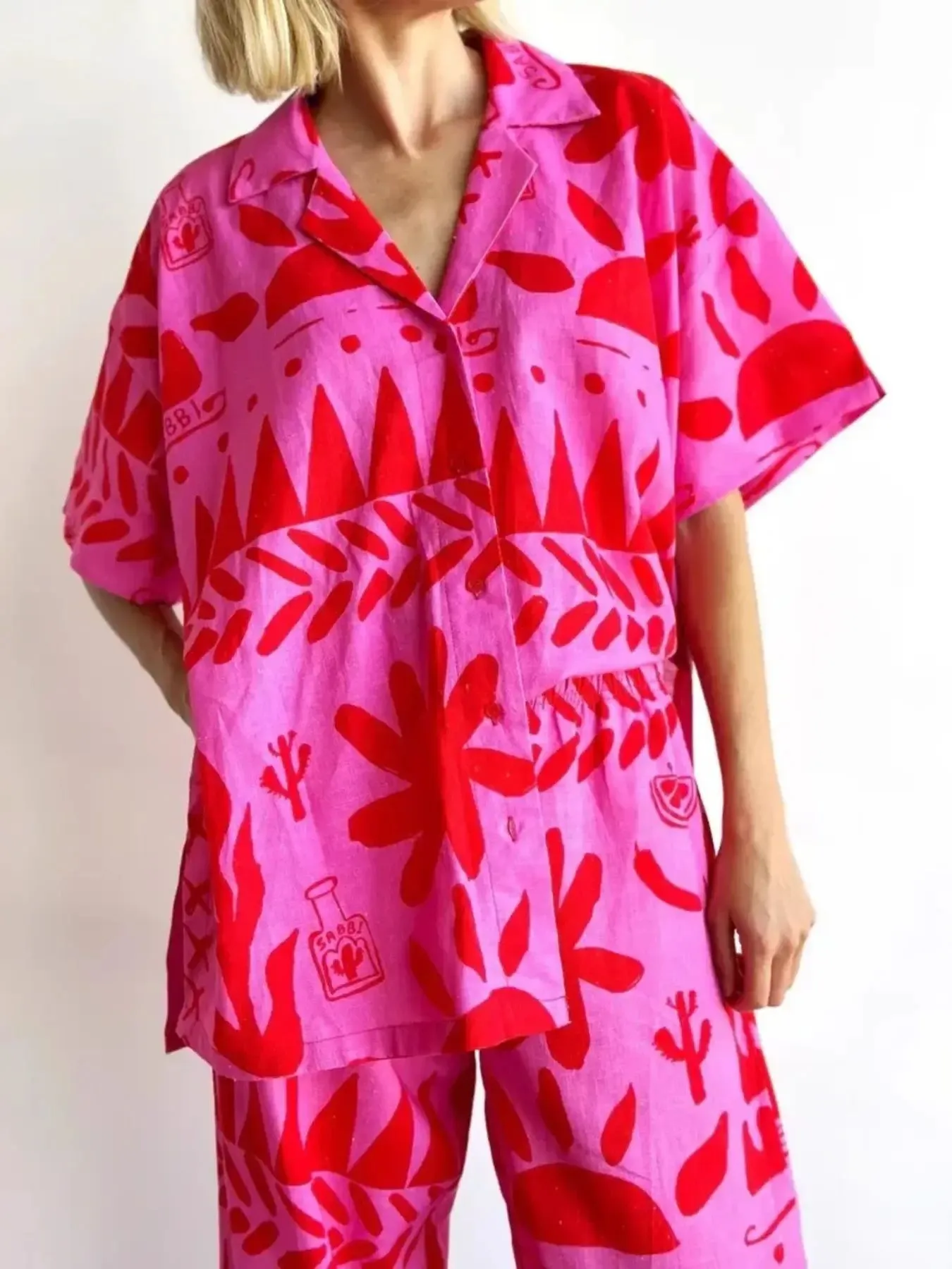 Printed Button Up Shirt and Pants Set - Image 3