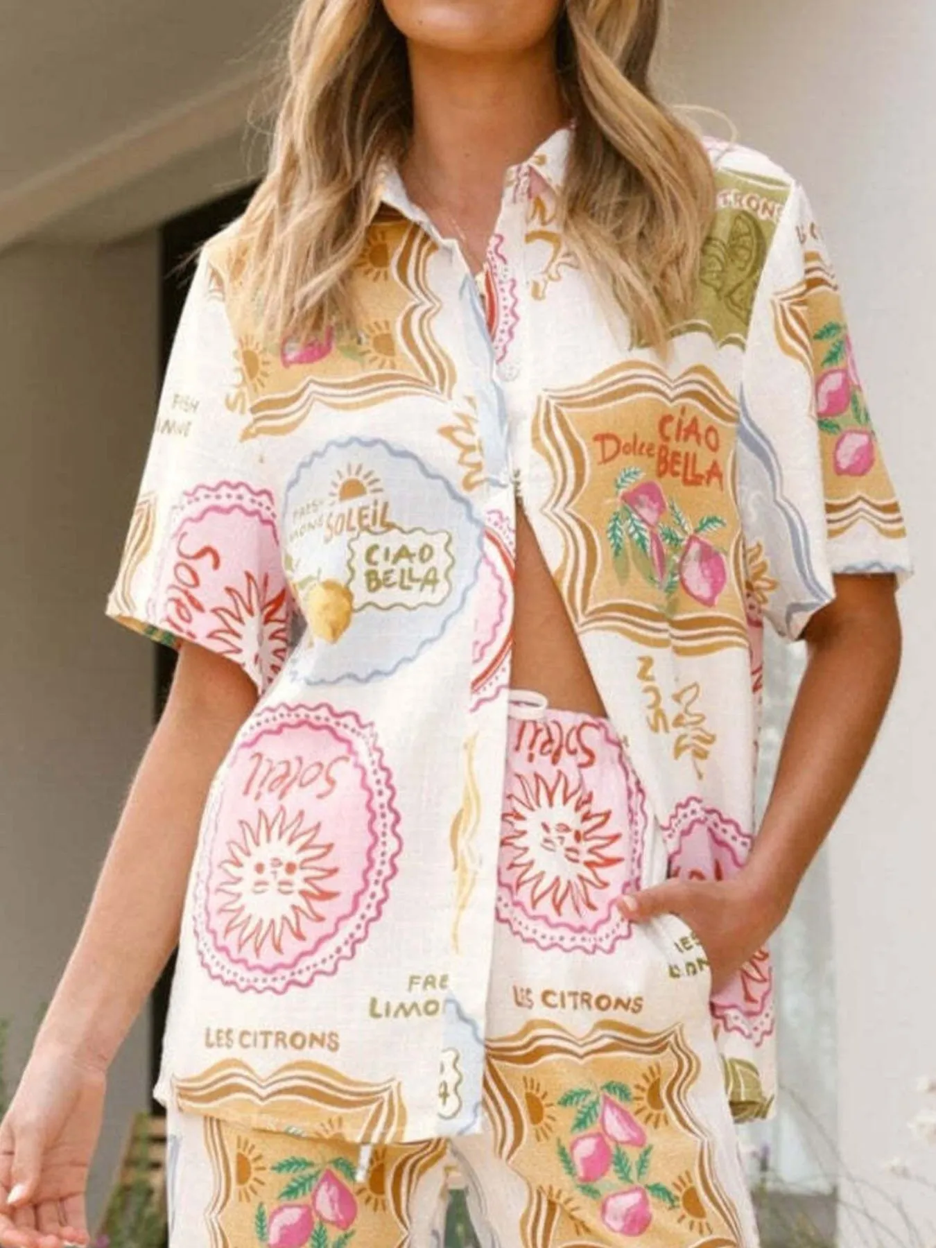Printed Button Up Shirt and Pants Set - Image 2