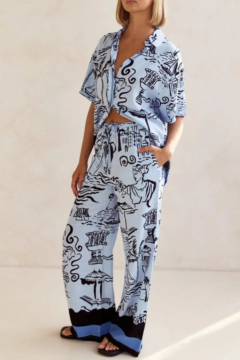 Printed Button Up Shirt and Pants Set Plus Size - Image 3