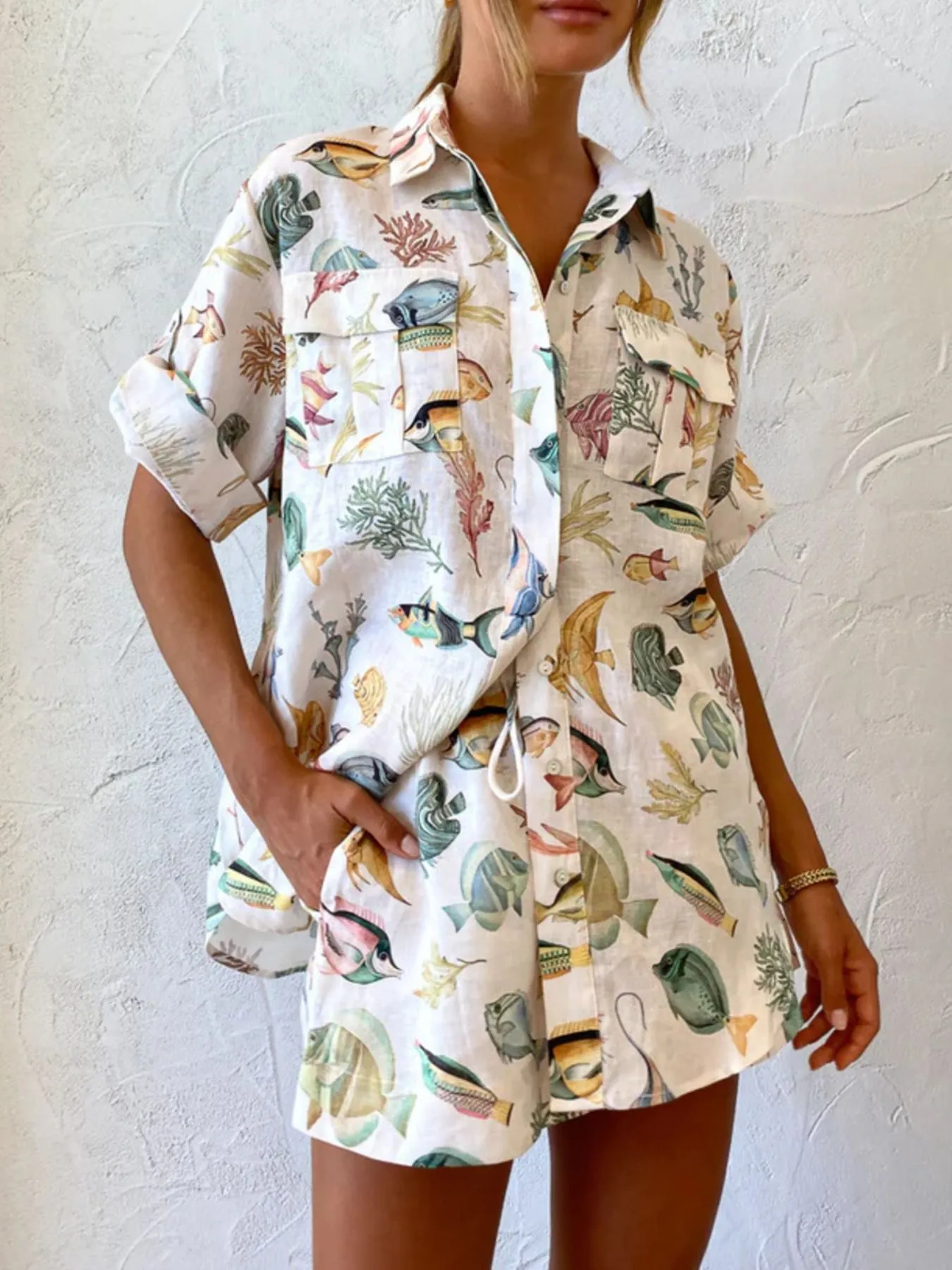 Printed Button Up Shirt and Shorts Set - Image 2