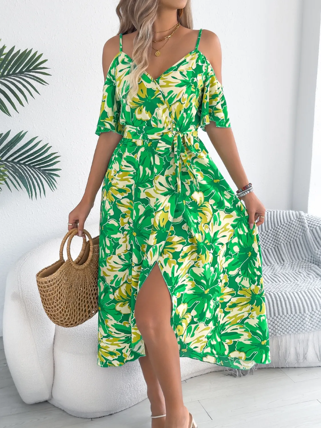 Printed Cold Shoulder Midi Cami Dress - Image 11