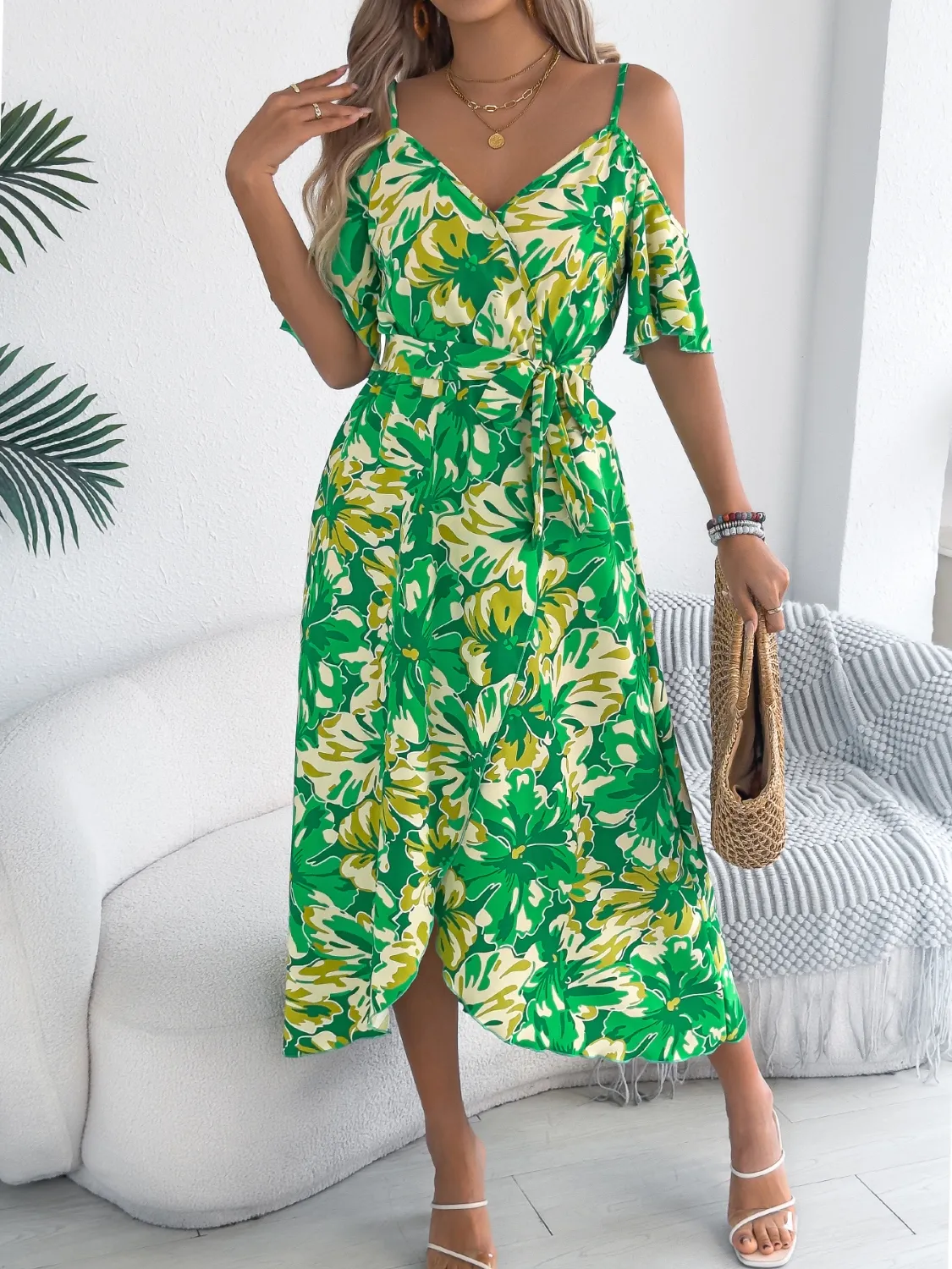 Printed Cold Shoulder Midi Cami Dress - Image 13