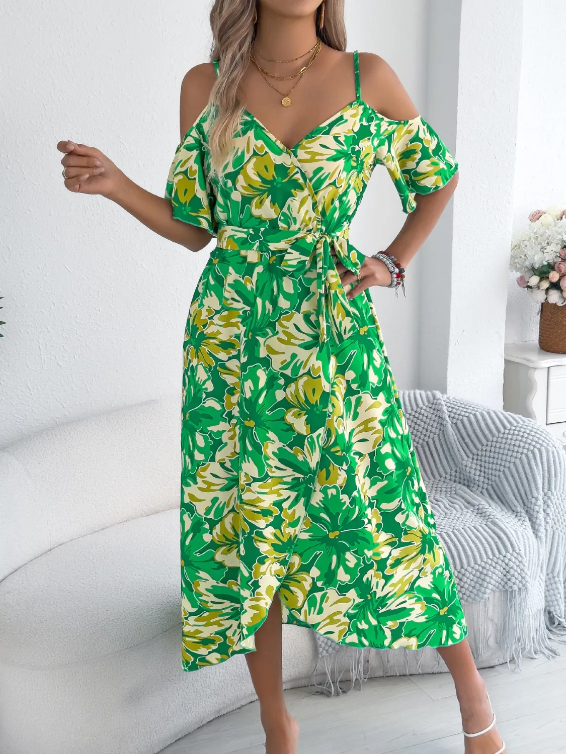 Printed Cold Shoulder Midi Cami Dress - Image 15