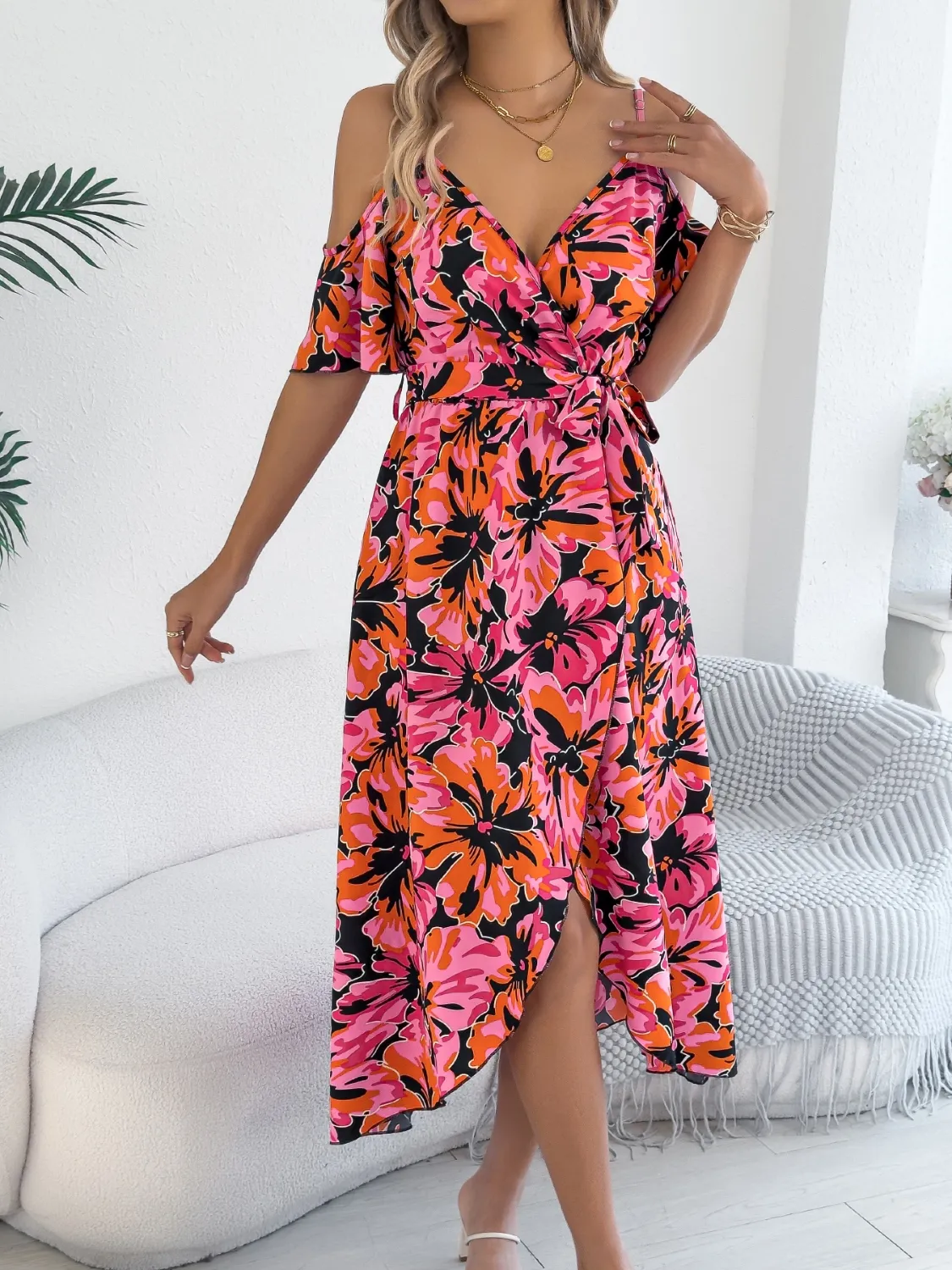 Printed Cold Shoulder Midi Cami Dress - Image 3