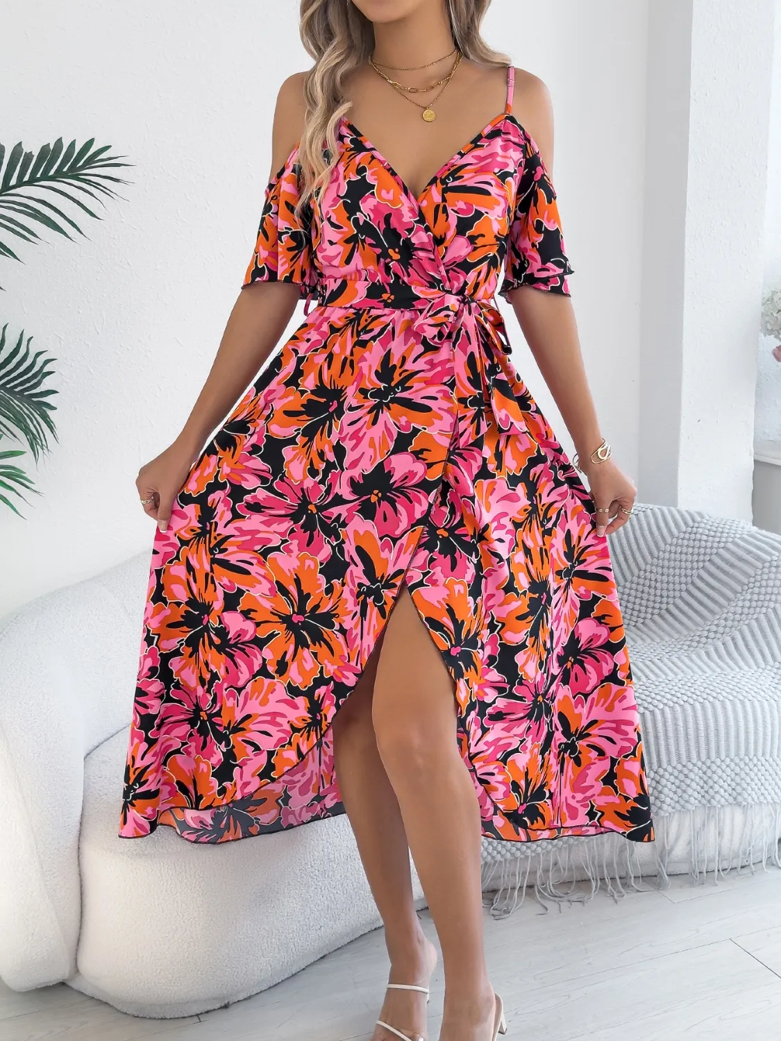 Printed Cold Shoulder Midi Cami Dress - Image 4