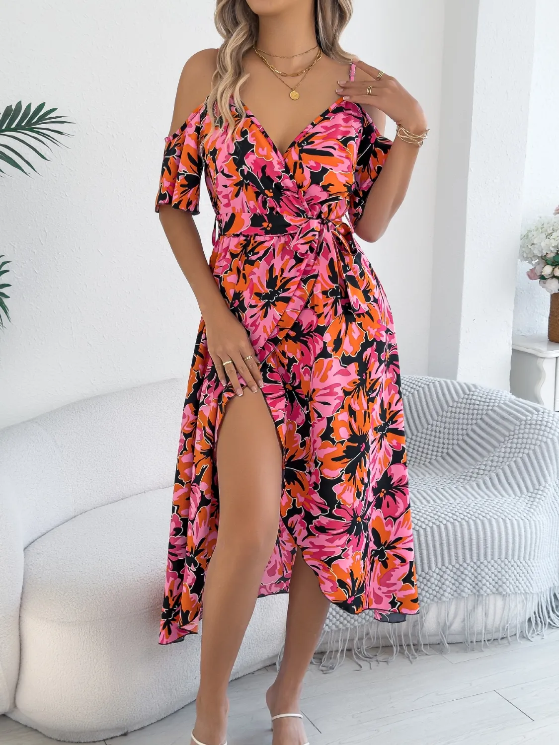 Printed Cold Shoulder Midi Cami Dress - Image 5